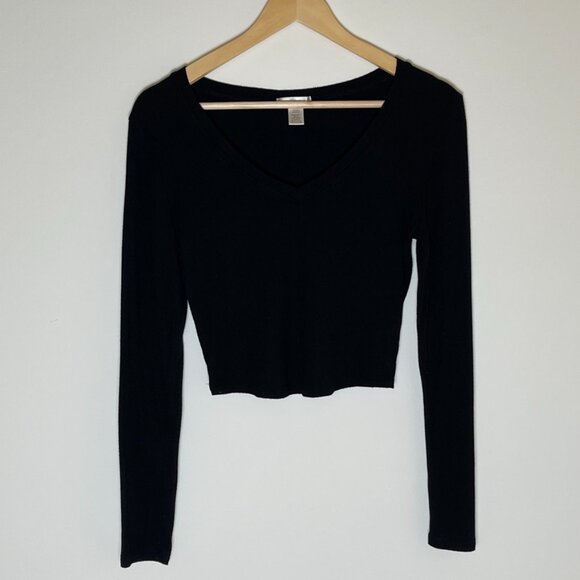 Bozzolo | Black V-Neck Long Sleeve Ribbed Crop Top | Large - Picture 1 of 4